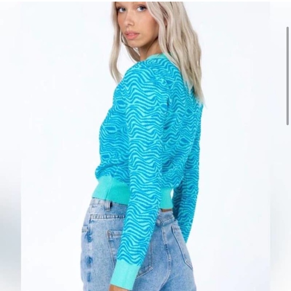 New Zara Blue Turquoise Waves Jacquard Zebra Print Knit Cropped Cardigan - Picture 6 of 13